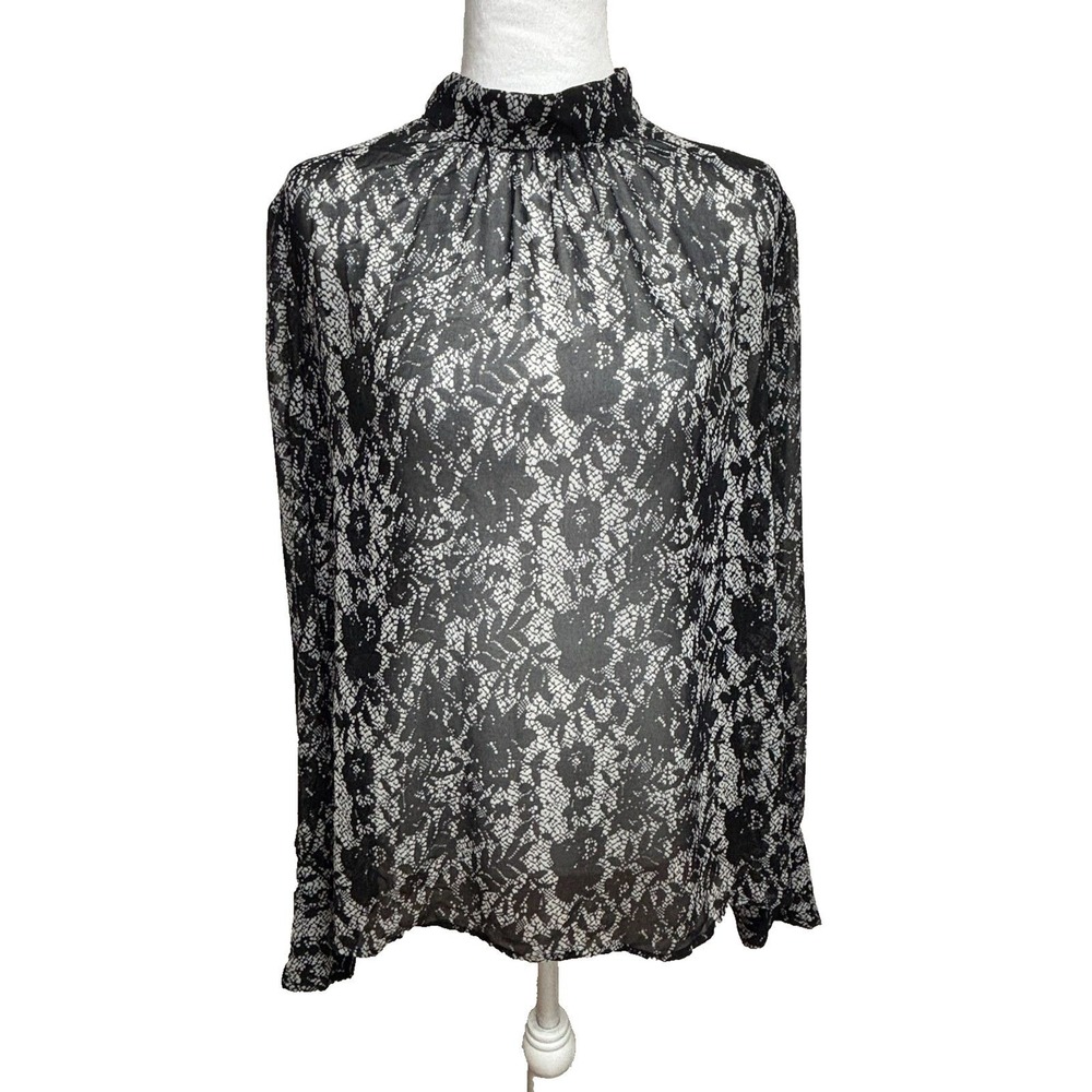 Who What Wear Blouse Black Floral Lace Print Mock Neck‎ Victorian Semi-Sheer L